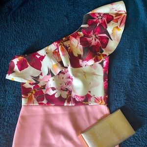ASOS True Violet Midi One Shoulder Ruffle Scuba Pink Floral Dress size 14 (L)